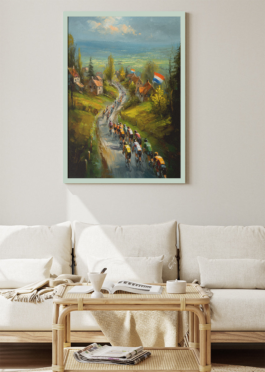 Countryside Village Cycling Poster & Canvas Art Print – Peloton Riding Through Rural Hills