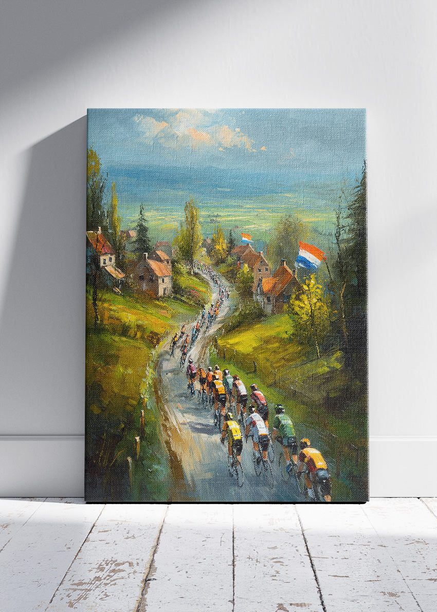 Countryside Village Cycling Poster & Canvas Art Print – Peloton Riding Through Rural Hills