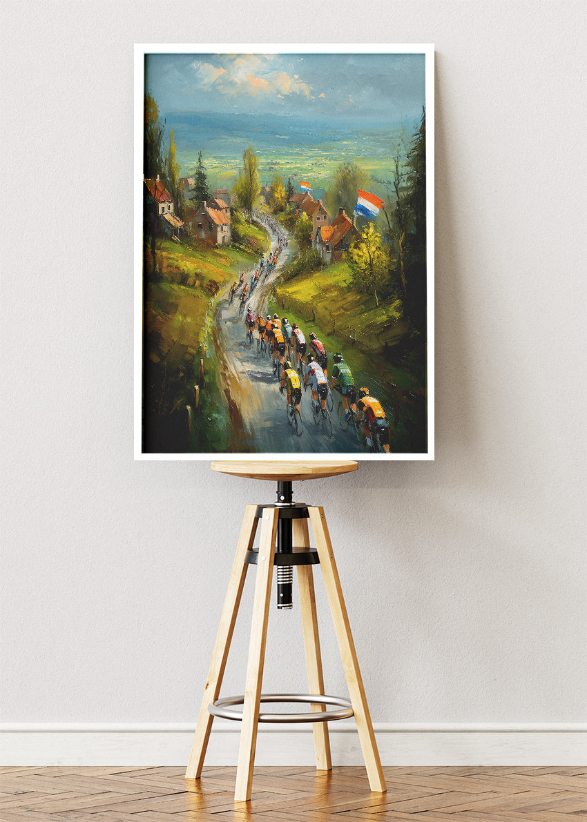Countryside Village Cycling Poster & Canvas Art Print – Peloton Riding Through Rural Hills