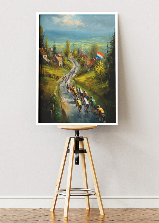 Countryside Village Cycling Poster & Canvas Art Print – Peloton Riding Through Rural Hills