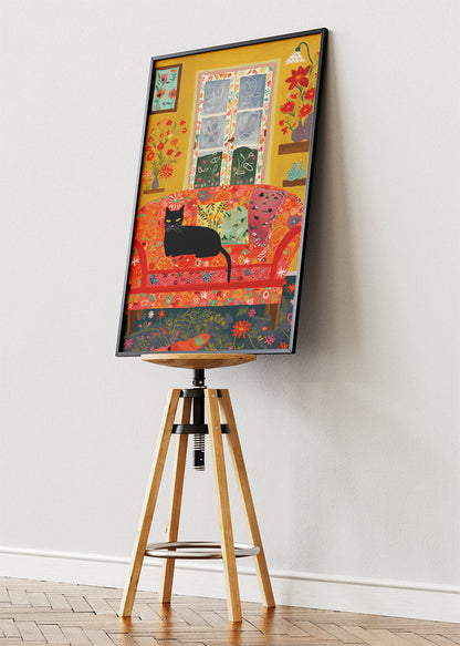 Cozy Cat Living Room Canvas Print & Poster – Colorful Home Wall Art