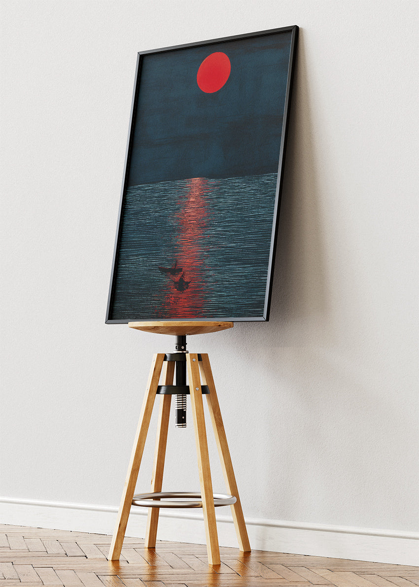 Crimson Moon Over Midnight Sea – Minimalist Sunset Canvas & Poster Print – AI PRINT LAB