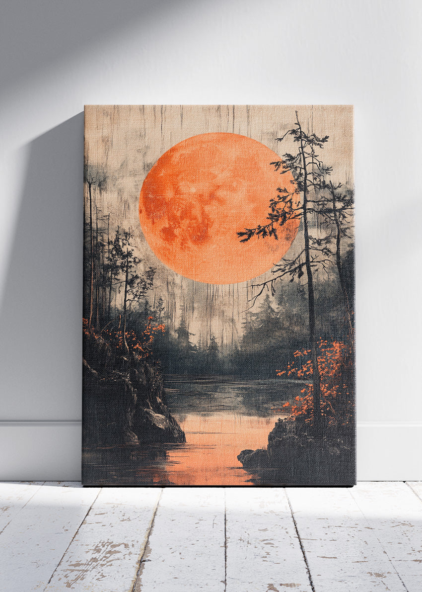 Crimson Moon Over Misty Forest Lake – Dramatic Night Landscape Wall Art Poster & Canvas – AI PRINT LAB