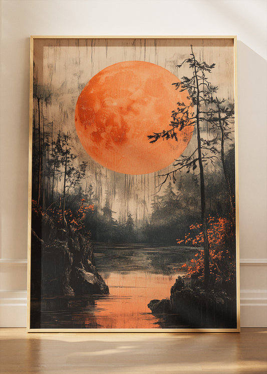 Crimson Moon Over Misty Forest Lake – Dramatic Night Landscape Wall Art Poster & Canvas – AI PRINT LAB