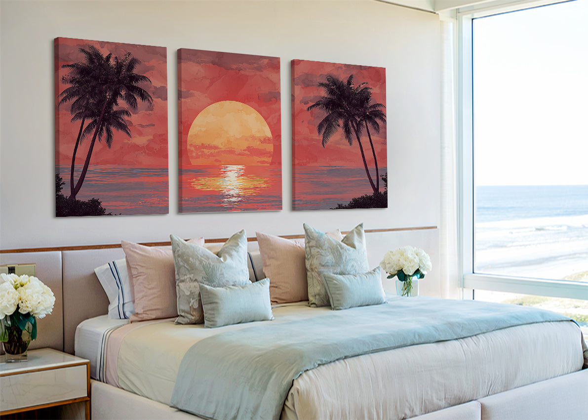 Crimson Sunset Palm Silhouette Canvas Wall Art – Single & 3 Panel Split – AI PRINT LAB