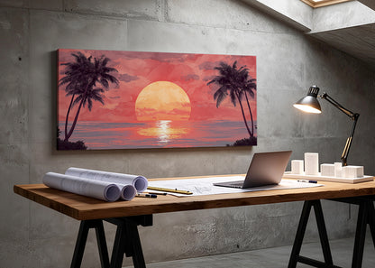 Crimson Sunset Palm Silhouette Canvas Wall Art – Single & 3 Panel Split – AI PRINT LAB
