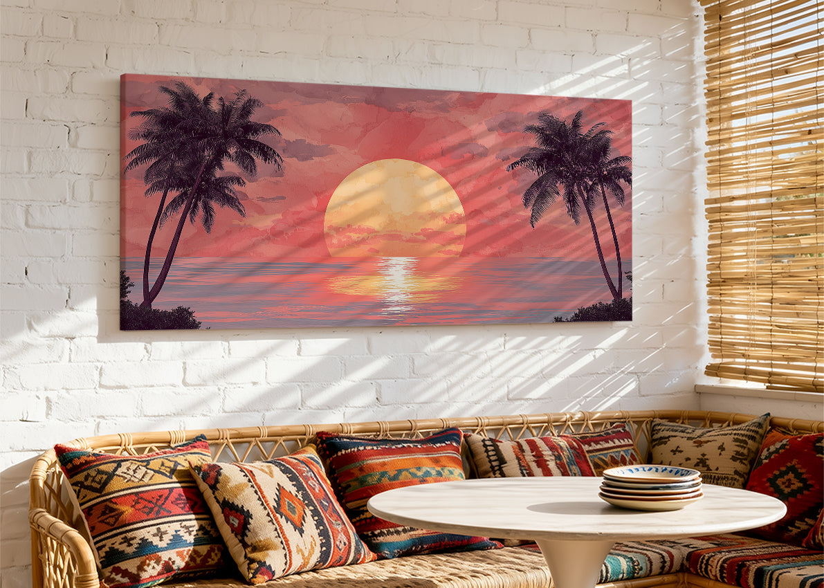 Crimson Sunset Palm Silhouette Canvas Wall Art – Single & 3 Panel Split – AI PRINT LAB