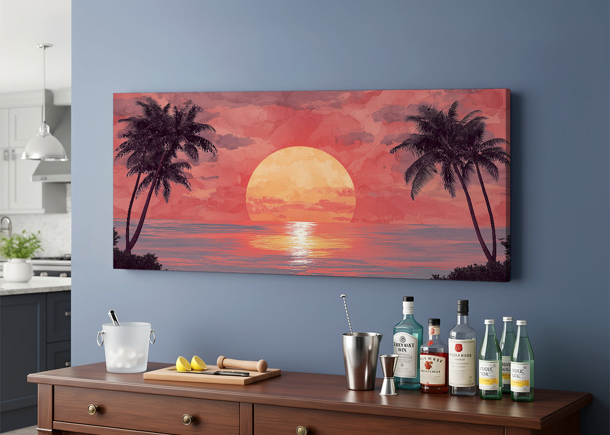 Crimson Sunset Palm Silhouette Canvas Wall Art – Single & 3 Panel Split – AI PRINT LAB