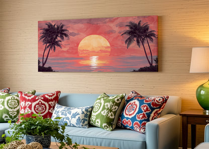 Crimson Sunset Palm Silhouette Canvas Wall Art – Single & 3 Panel Split – AI PRINT LAB
