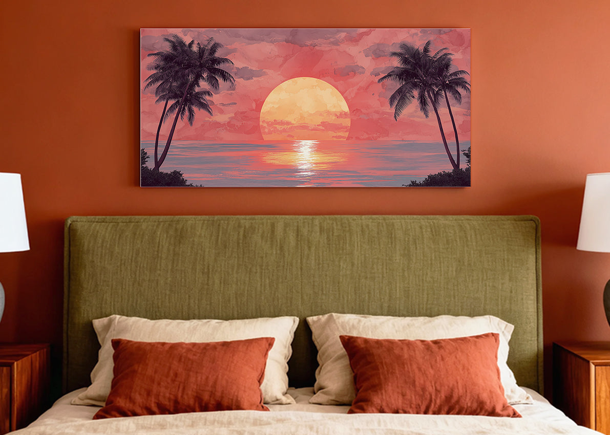 Crimson Sunset Palm Silhouette Canvas Wall Art – Single & 3 Panel Split – AI PRINT LAB