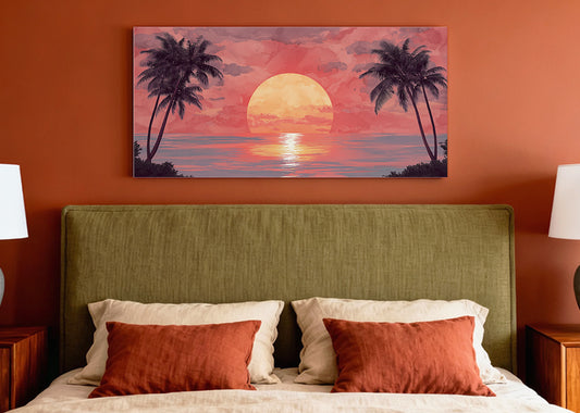 Crimson Sunset Palm Silhouette Canvas Wall Art – Single & 3 Panel Split – AI PRINT LAB