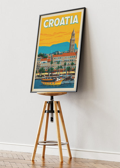 Croatia Travel Poster & Canvas Print – Split Harbour Retro Illustration Wall Art