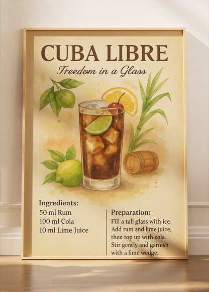 Cuba Libre Botanical Vintage Cocktail Poster & Canvas Print | Freedom in a Glass Wall Art