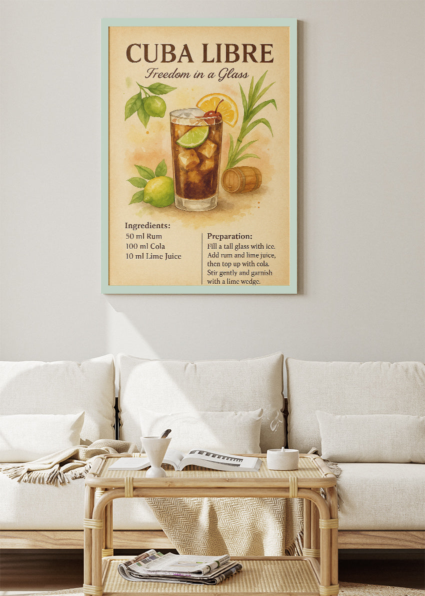 Cuba Libre Botanical Vintage Cocktail Poster & Canvas Print | Freedom in a Glass Wall Art