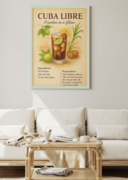 Cuba Libre Botanical Vintage Cocktail Poster & Canvas Print | Freedom in a Glass Wall Art
