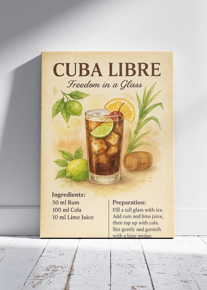 Cuba Libre Botanical Vintage Cocktail Poster & Canvas Print | Freedom in a Glass Wall Art