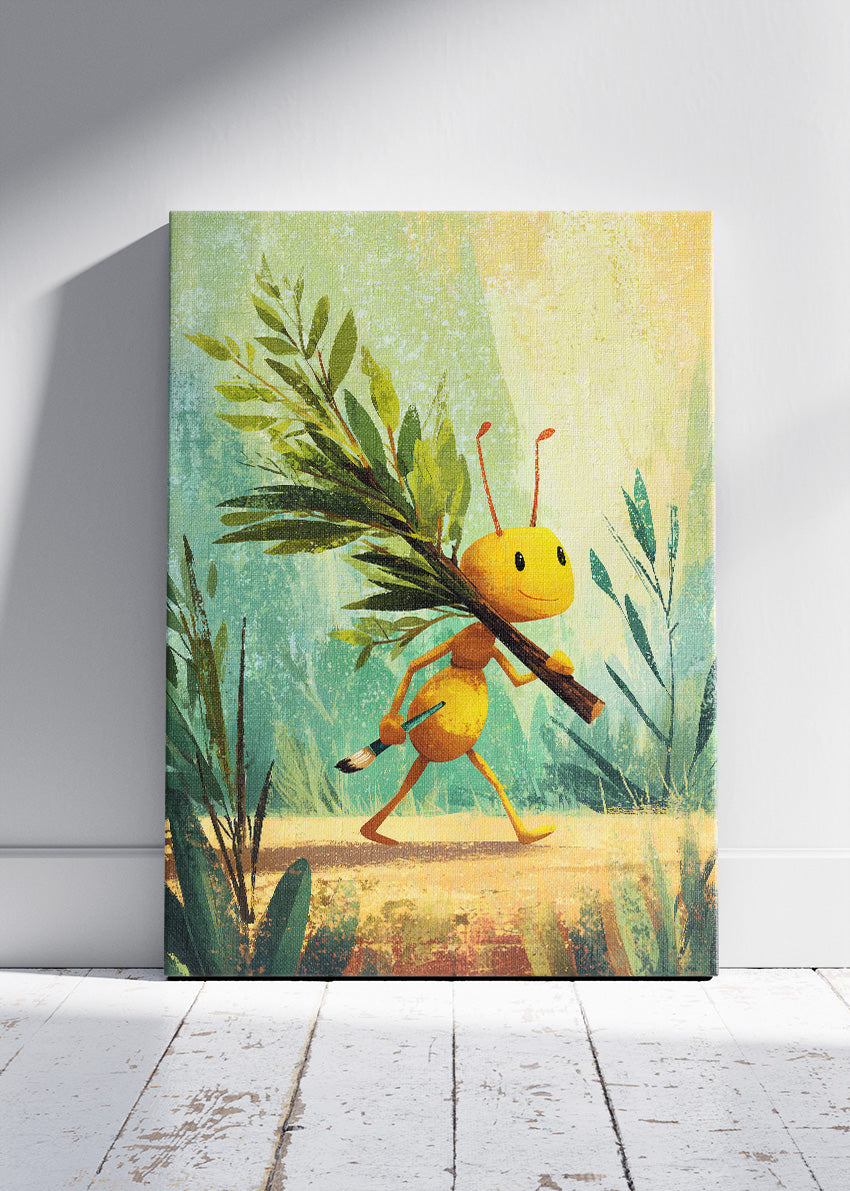 Cute Ant Canvas Print & Poster – Kids Room Wall Art – Motivational Nature Illustration – AI PRINT LAB