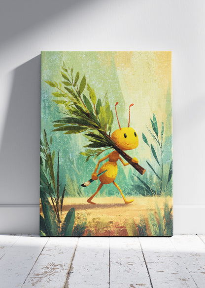 Cute Ant Canvas Print & Poster – Kids Room Wall Art – Motivational Nature Illustration – AI PRINT LAB