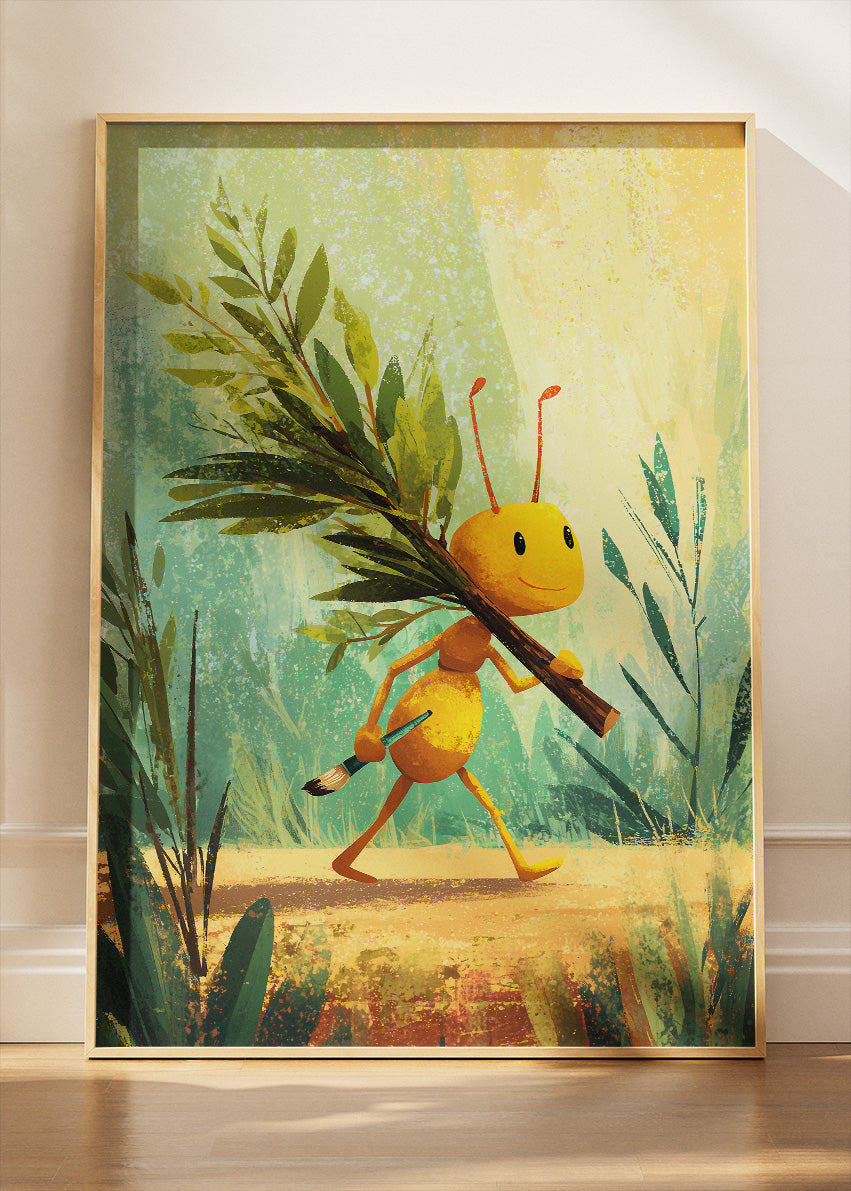 Cute Ant Canvas Print & Poster – Kids Room Wall Art – Motivational Nature Illustration – AI PRINT LAB