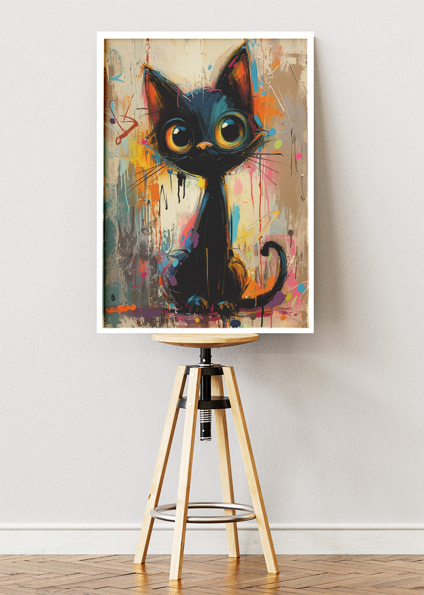 Cute Black Cat Canvas Print & Poster – Colorful Modern Animal Wall Art