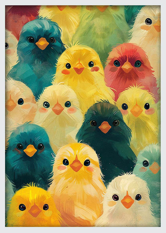 Cute Colorful Chicks – Whimsical Bird Flock Canvas & Poster Wall Art – T1206 – AiPrintLab