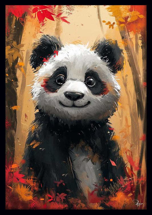 Cute Smiling Panda in Autumn Forest – Whimsical Animal Canvas & Poster Art – T924 – AiPrintLab