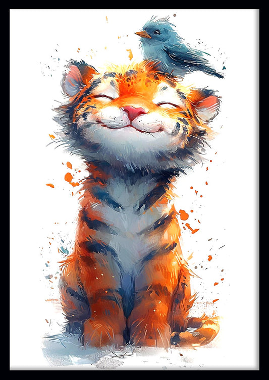 Cute Tiger Cub & Blue Bird Canvas Art & Poster – T614 – AiPrintLab