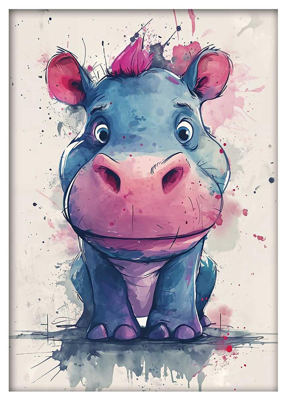 Cute Watercolor Hippo Canvas Art – Playful Baby Hippo Poster – T785 – AiPrintLab