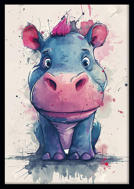 Cute Watercolor Hippo Canvas Art – Playful Baby Hippo Poster – T785 – AiPrintLab
