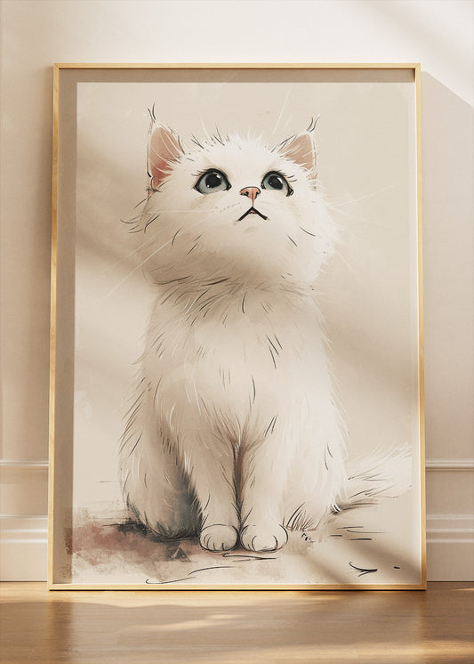 Cute White Kitten Wall Art Print & Canvas – Soft Minimal Cat Illustration