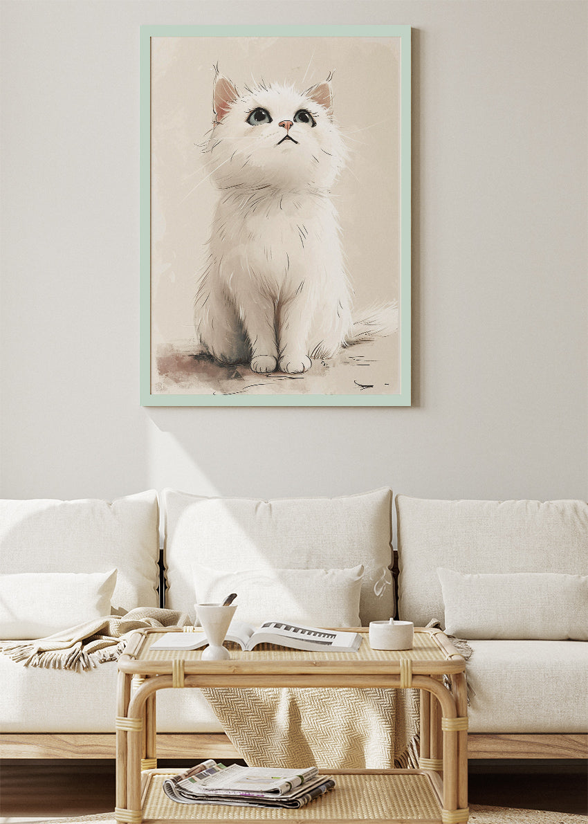 Cute White Kitten Wall Art Print & Canvas – Soft Minimal Cat Illustration