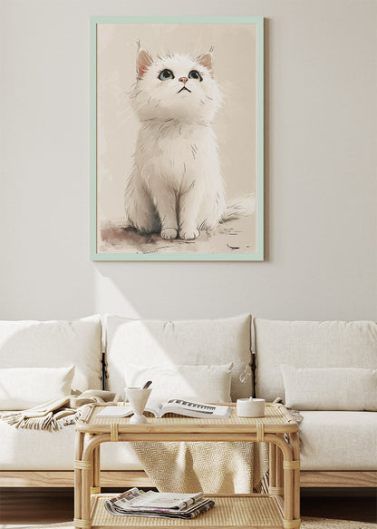 Cute White Kitten Wall Art Print & Canvas – Soft Minimal Cat Illustration