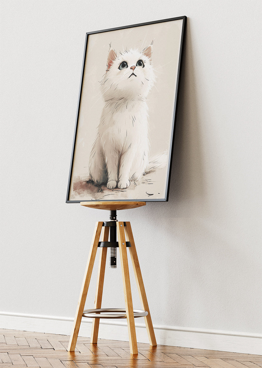 Cute White Kitten Wall Art Print & Canvas – Soft Minimal Cat Illustration