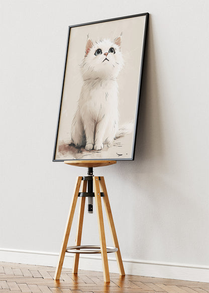 Cute White Kitten Wall Art Print & Canvas – Soft Minimal Cat Illustration