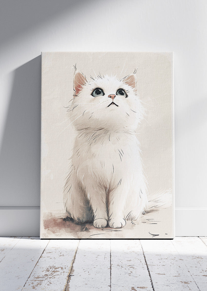 Cute White Kitten Wall Art Print & Canvas – Soft Minimal Cat Illustration