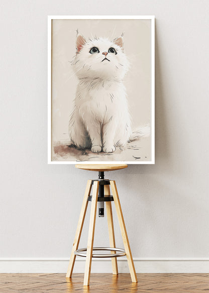 Cute White Kitten Wall Art Print & Canvas – Soft Minimal Cat Illustration
