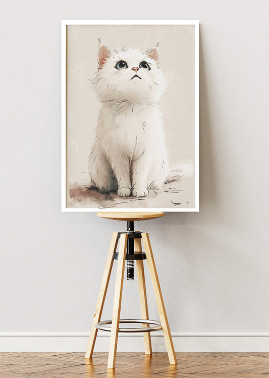 Cute White Kitten Wall Art Print & Canvas – Soft Minimal Cat Illustration
