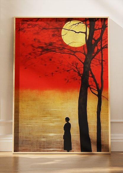 Crimson Moon Silence – Dramatic Sunset Silhouette Canvas & Poster Print – AI PRINT LAB
