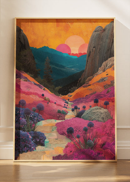 Vivid Canyon Bloom – Surreal Sunset Valley Canvas & Poster Print – AI PRINT LAB