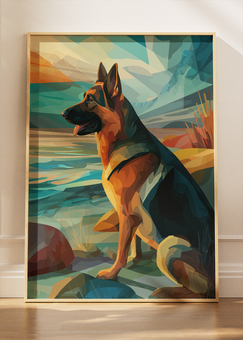 German Shepherd Geometric Landscape Poster & Canvas Print – Modern Dog Art