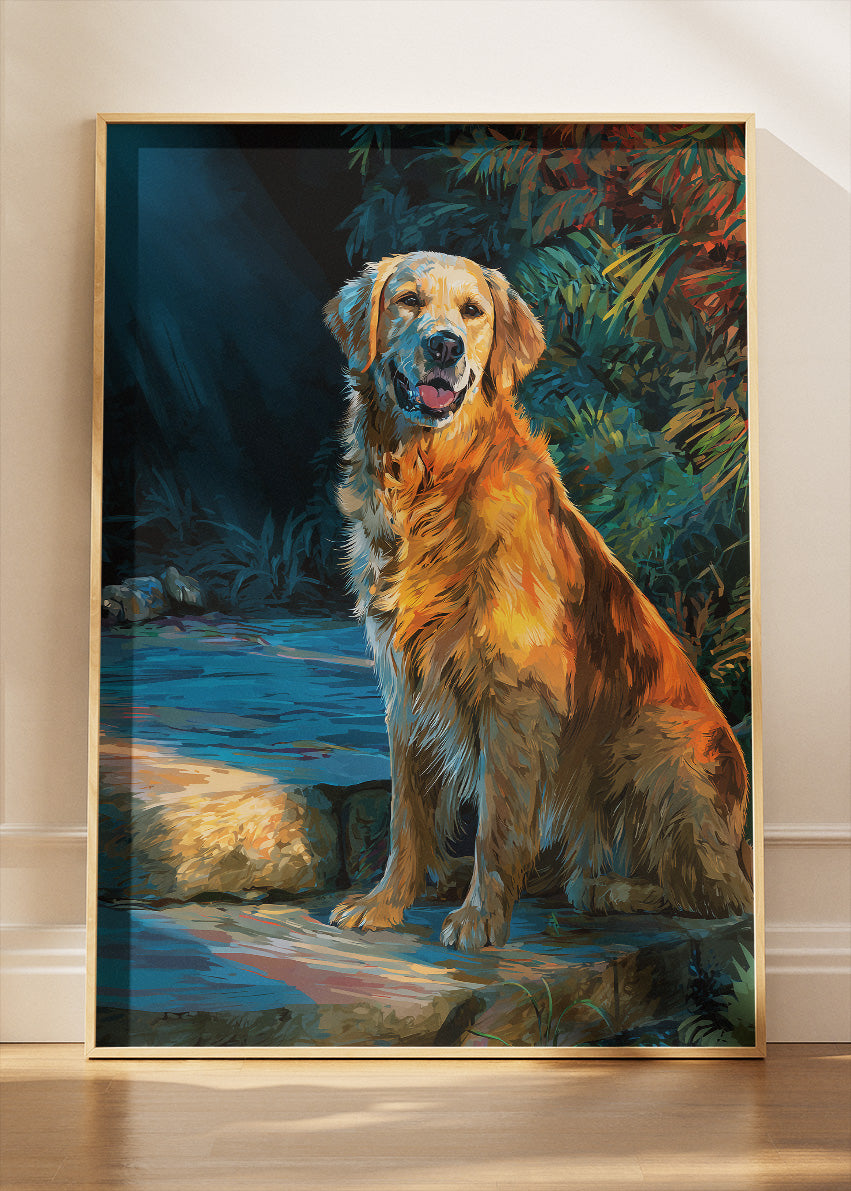 Golden Retriever Sunset Portrait Poster & Canvas Print – Warm Painterly Dog Art
