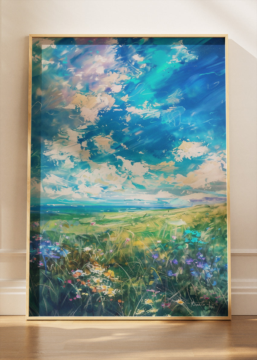 Emerald Breeze Meadow – Expressive Sky Landscape Canvas & Poster Print – AI PRINT LAB