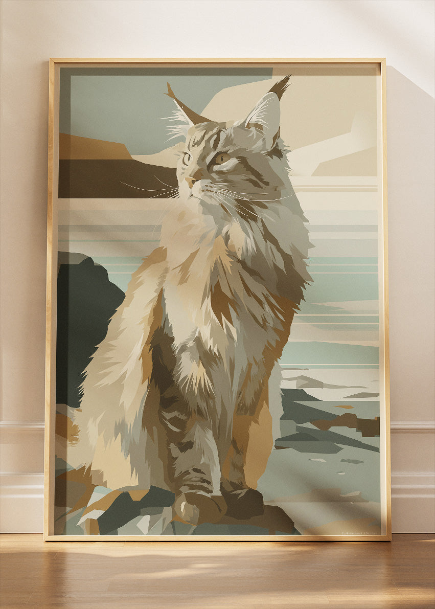 Scandinavian Cat Coastline Poster & Canvas Print – Minimal Modern Pet Art