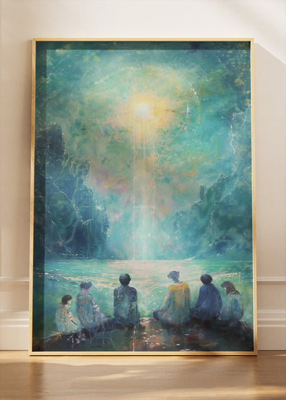 Celestial Light Gathering – Mystical Lake Scene Canvas & Poster Print – AI PRINT LAB