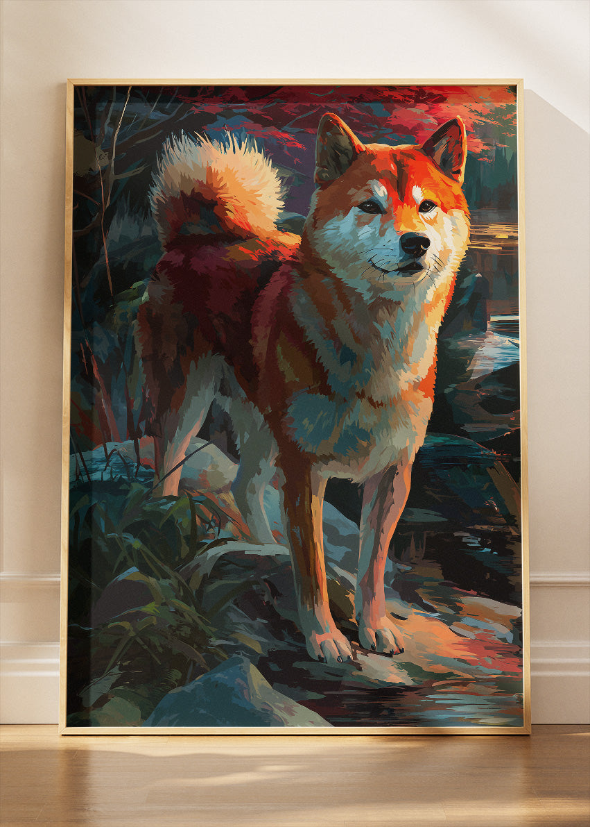 Shiba Inu Forest Sunset Poster & Canvas Print – Vibrant Modern Dog Art