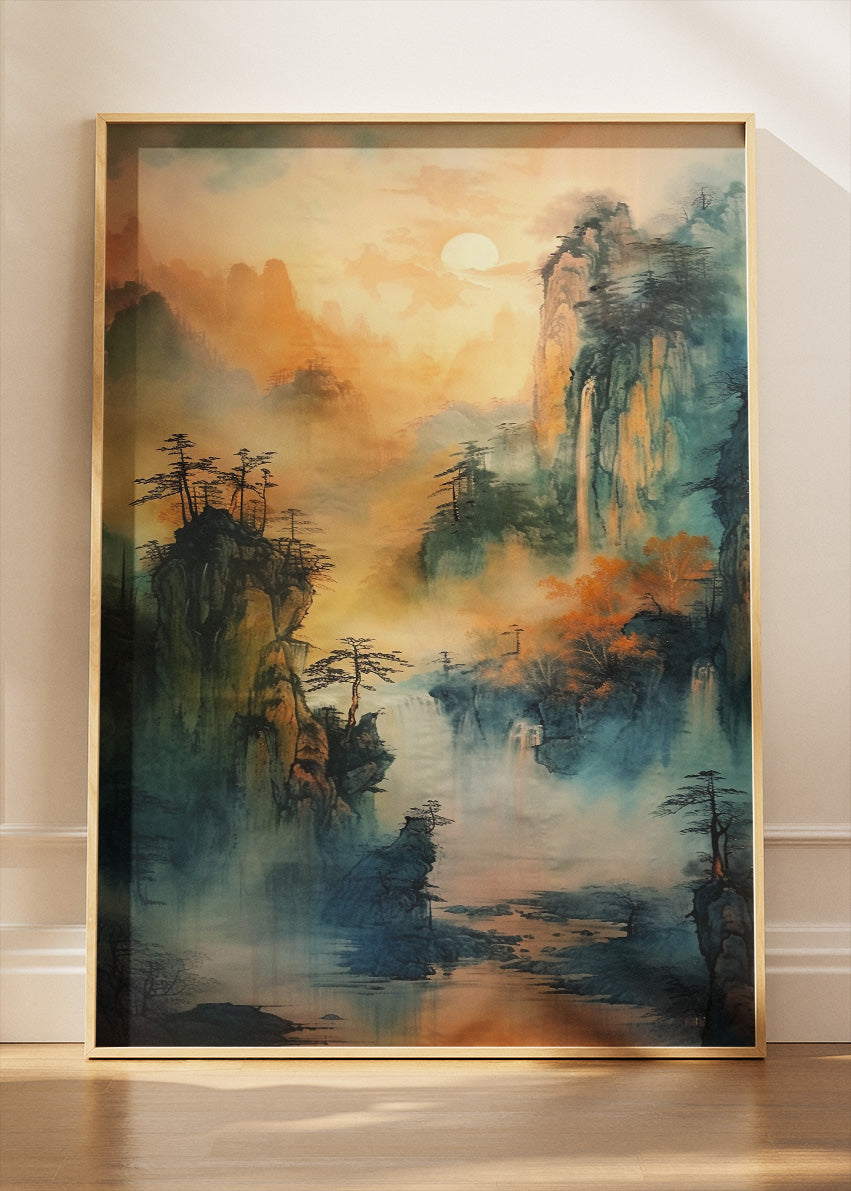 Misty Jade Mountains – Oriental Waterfall Landscape Canvas & Poster Print – AI PRINT LAB