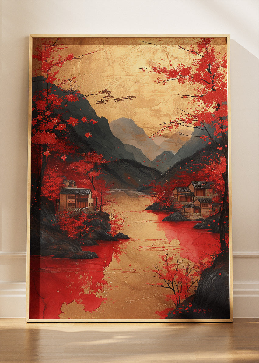 Crimson Autumn Village – Oriental Red River Landscape Canvas & Poster Print – AI PRINT LAB