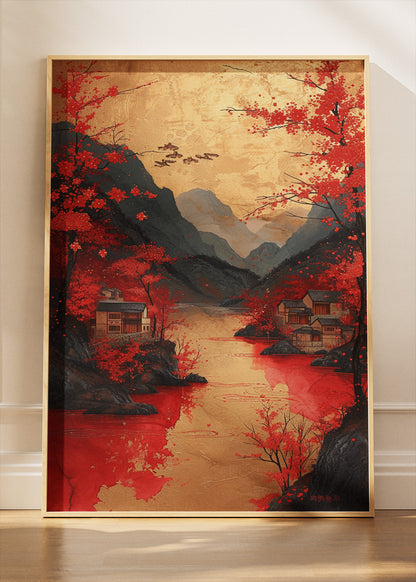Crimson Autumn Village – Oriental Red River Landscape Canvas & Poster Print – AI PRINT LAB