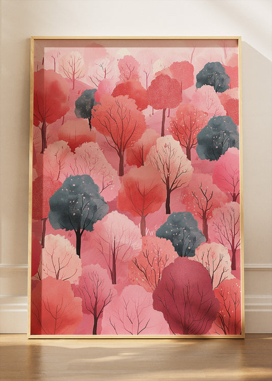 Pink Forest Wall Art – Blush Woodland Canvas Print & Modern Pastel Tree Poster for Bedroom and Living Room Decor UK