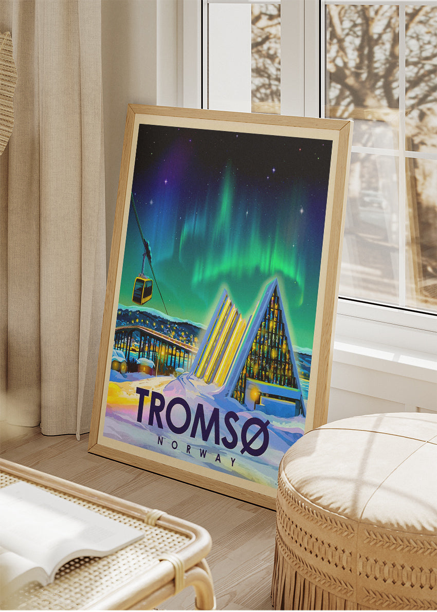 Tromsø Norway Poster & Canvas Print – Illustrated Northern Lights Arctic Cathedral Art